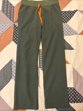 Figs Olive Green Drawstring Straight Leg Scrub Pants with Orange Logo Tab